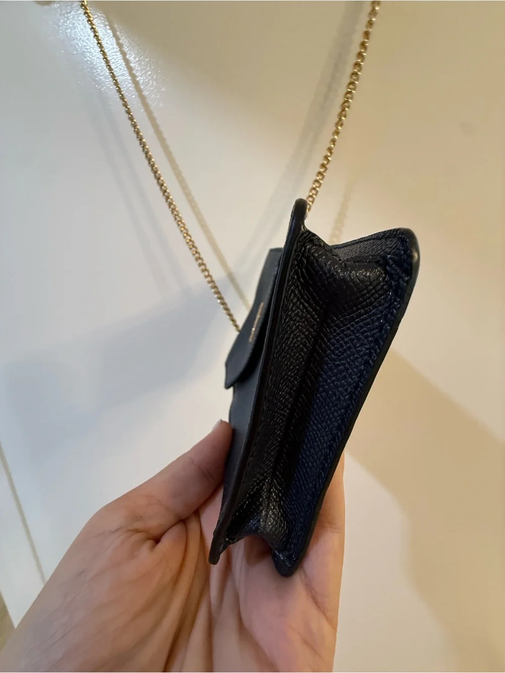 Coach Black Crossgrain Leather Phone Crossbody Gold Chain